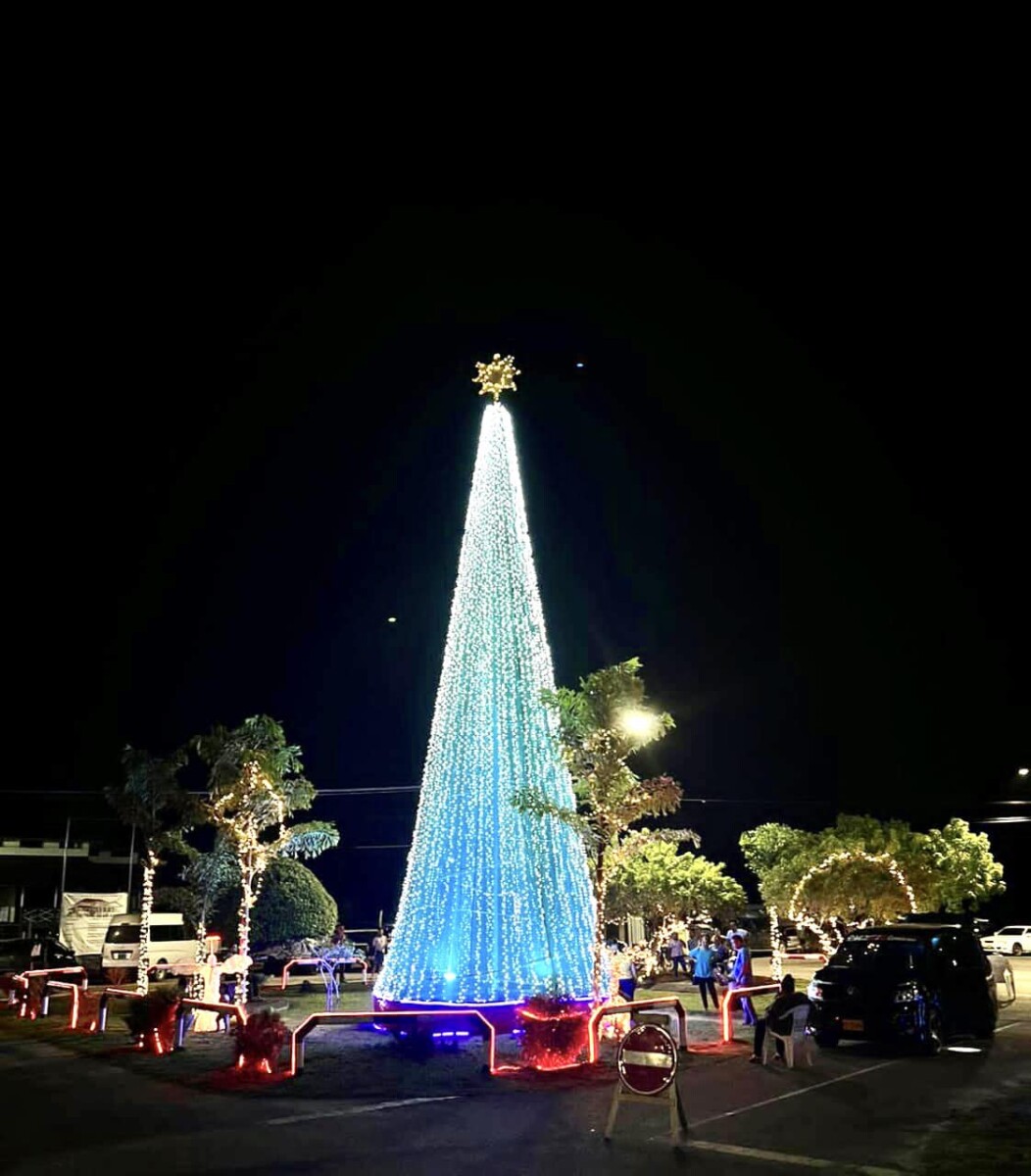 Grote verlichte kerstboom op plein voor commissariaat Saramacca in